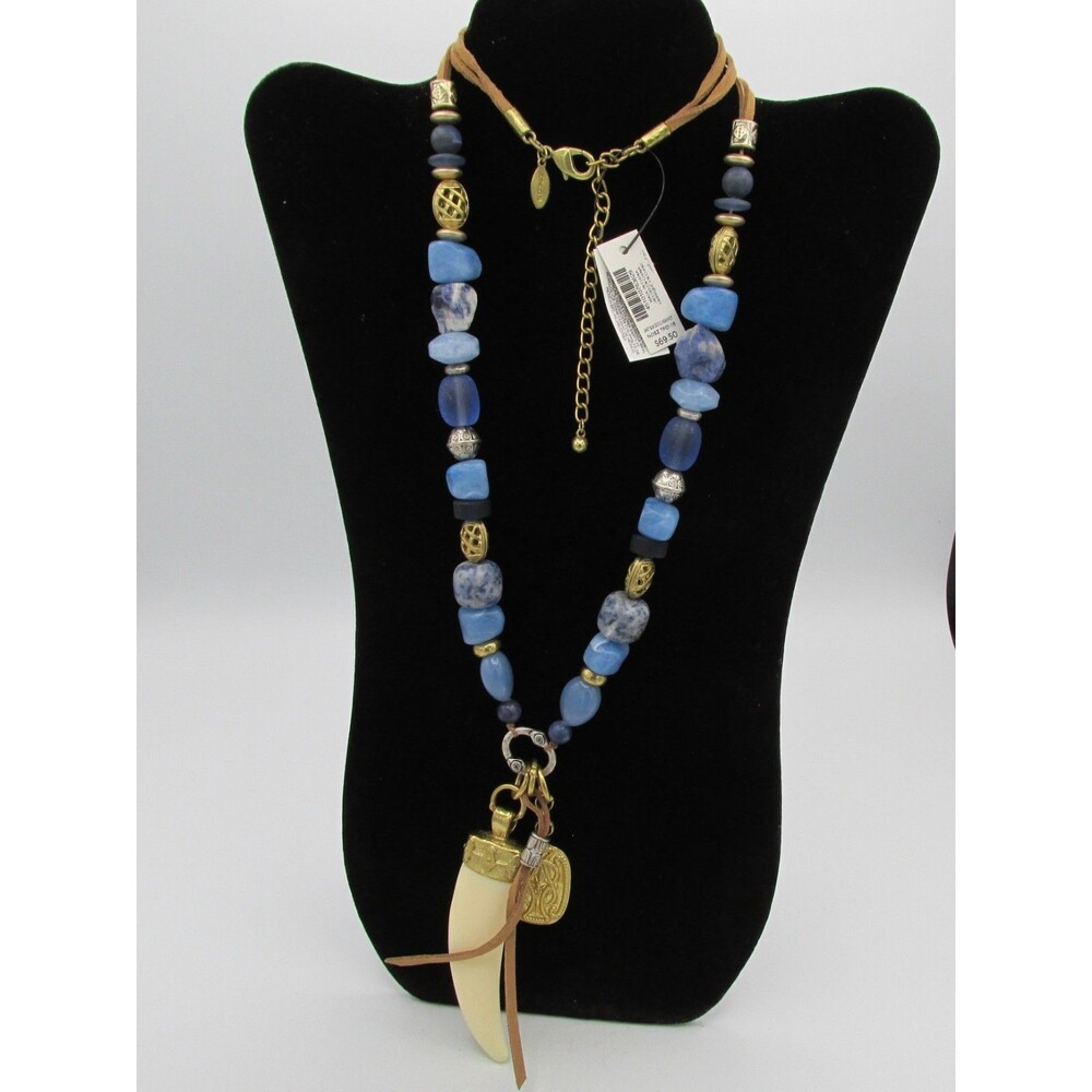 Chicos Statement Necklace Janet Blue Longhorn Pendant Beaded Leather 36 in
